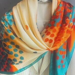 Vibrant Orange and Green Scarf leaf design print soft polyester Versatile.
